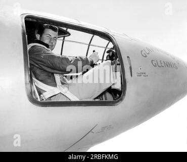 Muroc Army Air Force Base, California:  October, 1947 Capt. Charles E. Yeager is in the cockpit of the Bell X-1 supersonic research aircraft. He became the first man to fly faster than the speed of sound in level flight on October 14. Stock Photo