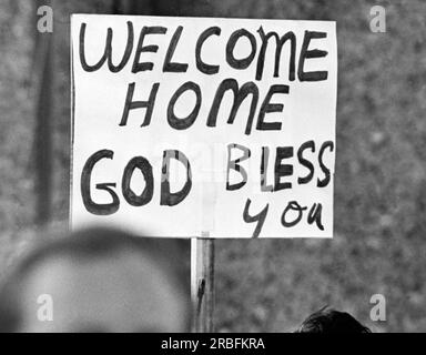 Fairfield, California:  February 14, 1973 A sign held by family members to released prisoners of war arriving at Travis Air Force Base. Stock Photo