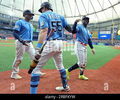 ST. PETERSBURG, FL - APRIL 24: Tampa Bay Rays Catcher Christian Bethancourt  (14) is pumped up after getting a key hit during the MLB regular season  game between the Houston Astros and