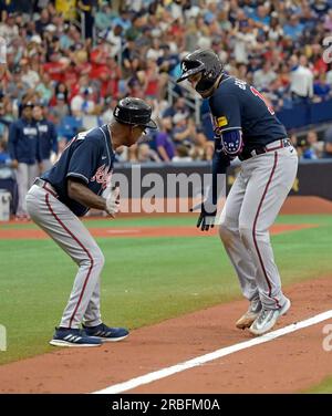 Atlanta Braves' Orlando Arcia bats against the Chicago White Sox during a  baseball game Friday, July 14, 2023, in Atlanta. (AP Photo/John Bazemore  Stock Photo - Alamy