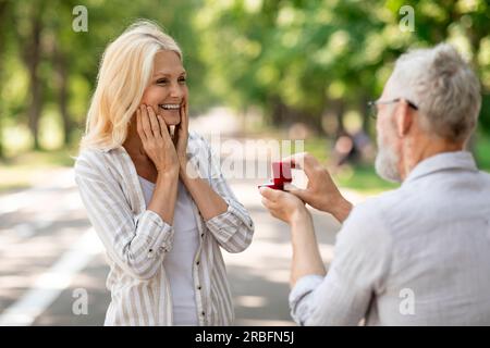 Mature Love. Romantic Senior Gentleman Making Proposal To Happy Excited Lady Outdoors Stock Photo