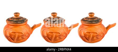 Set of clay pots for baking isolated on white background. Free space for text. Wide photo. Stock Photo