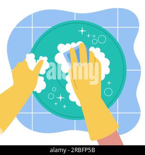 Cleaning food plate, clean dish in kitchen sink with foam. Hands in rubber gloves with sponge, house work. Crockery detergent decent vector scene Stock Vector