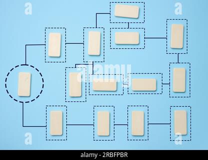 Scheme on a blue background. Automate business processes and workflows using flowcharts. Reduction of time for processing processes Stock Photo