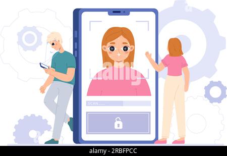 Phone face recognition, mobile identity scanner. Identification information, smart scan id person. Verification and safety snugly vector scene Stock Vector