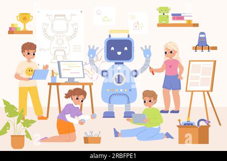 Kids robotic engineering, repair robot children team. Child programming and project robots on lesson. School digital education snugly vector concept Stock Vector