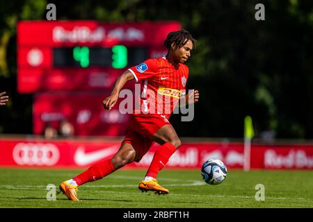 Salzburg, Austria. 08th, July 2023. Jonas Jensen-Abbew of FC Nordsjaelland seen during a pre-season test match between FC Red Bull Salzburg and FC Nordsjaelland at Maximarkt Sportpark in Salzburg. (Photo credit: Gonzales Photo - Dejan Obretkovic). Stock Photo