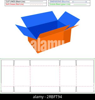 Corrugated cardboard folding box, FEFCO230 carton box with die line template and 3d vector render, resizeable box and corrugated shipping box Stock Vector