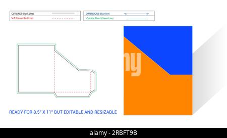 Angle cut Pocket or folder die line ready for 8.5x11 inch paper and 3D render also editable and resizeable Stock Vector