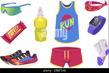 Running sport. Sport equipment for marathon runners fitness tools exact vector cartoon set Stock Vector