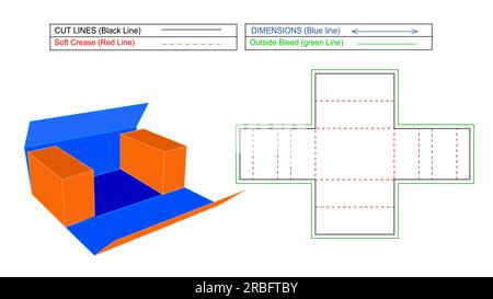 Cut-out FEFCO403 corrugated folding box, cardboard carton box, 3D render with die line template and resizeable Stock Vector