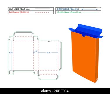 Book box 9 x 6 x 1.5 inch, resizeable Reverse Tuck End book box Die line template and 3D render box Stock Vector