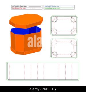 Editable and resizeable Octagonal shape 3 lid box by without glued assemble die line template 3D render Stock Vector