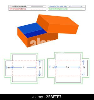 Corrugated packaging box, cardboard carton FEFCO302 box, 3D render and die line template with resizeable, cake and gift box Stock Vector