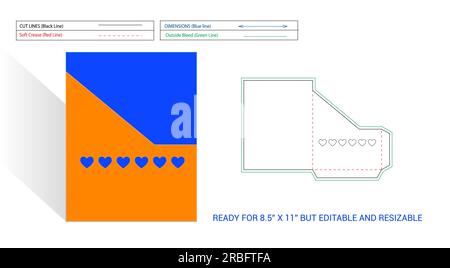 Editable and Resizeable Pocket or folder die line ready for 8.5x11 inch page with Heart shape transparent window cut and Angle cut, 3D render Stock Vector