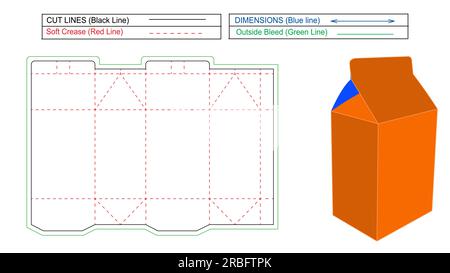 Milk box die cut lines, 3D render and milk carton box, colour changeable and editable, milk box packaging Stock Vector