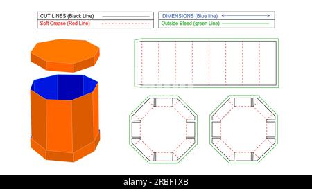 Octagonal Circular 3 lid box by glued assemble die line template 3D render Stock Vector