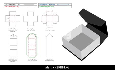 Resizeable and editable luxury rigid box Dieline template and 3D render box, custom front panel cutting Stock Vector