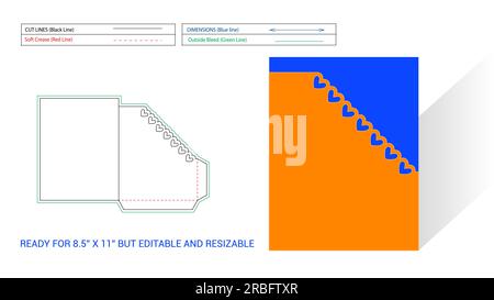 Pocket or folder die line, angle cut with heart shape and 3D ready for 8.5x11 inch but editable and resizeable Stock Vector