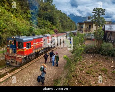 Aerial view Tolongoina station. Old train on the railway line from Fianarantsoa to Manakara, Madagascar, Southeast Africa.  Vintage train traveling th Stock Photo