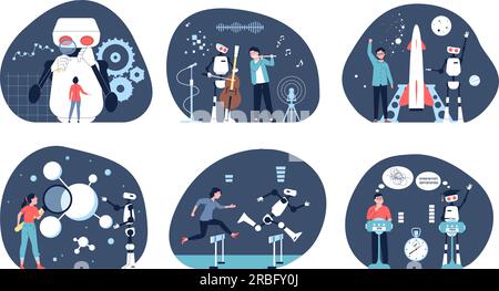 Robots and people working scenes. Robot in office, challenge and business competition with person. Cyber machine, tech progress recent vector set Stock Vector