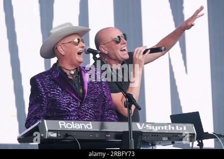 Southampton, UK. 08th July, 2023. Martyn Ware, keyboard player and singer and lead male vocalist Glenn Gregory with English New Wave band Heaven 17 performing live on stage at Let's Rock Festival in Southampton. (Photo by Dawn Fletcher-Park/SOPA Images/Sipa USA) Credit: Sipa USA/Alamy Live News Stock Photo