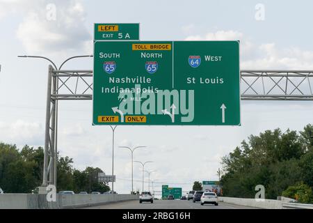 Louisville, Kentucky - Sept. 10, 2021: Exit 5A sign at the intersection of I64 West toward St Louis and I65 North - South toward Nashville and Indiana Stock Photo