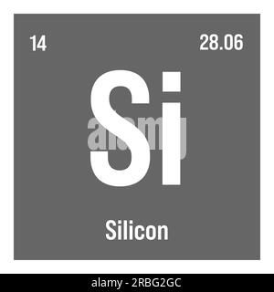 Silicon, Si, periodic table element with name, symbol, atomic number and weight. Non-metal with various industrial uses, such as in electronics, construction, and as a component in certain types of glass. Stock Vector