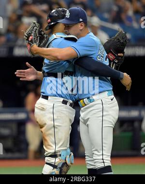 ST. PETERSBURG, FL - APRIL 24: Tampa Bay Rays Catcher Christian Bethancourt  (14) is pumped up after getting a key hit during the MLB regular season  game between the Houston Astros and