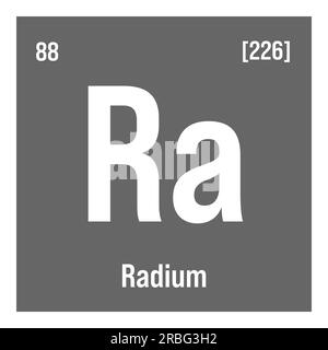 Radium, Ra, periodic table element with name, symbol, atomic number and weight. Alkaline earth metal with radioactive properties, formerly used in medical therapy and as a component of certain types of paint. Stock Vector