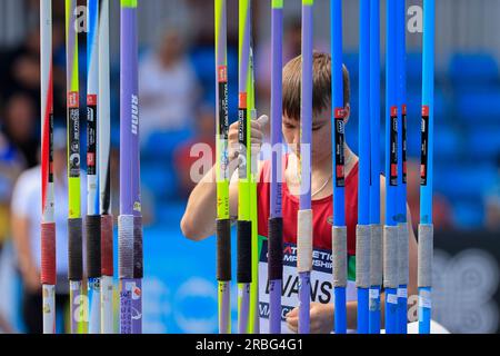 Charlie Evans chooses his javelin during the UK Athletics Championships at Manchester Regional Arena, Manchester, United Kingdom, 9th July 2023  (Photo by Conor Molloy/News Images) Stock Photo