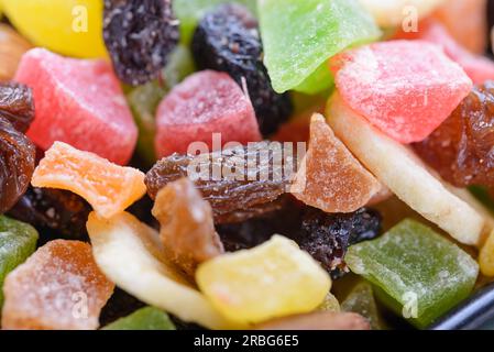 Macro of various tasty and colorful dry fruits Stock Photo