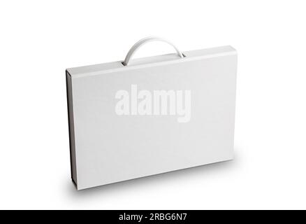 Cardboard document case with a plastic handle, or briefcase folder, isolated on white Stock Photo