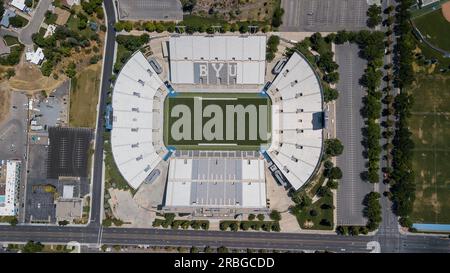 LaVell Edwards Stadium is an outdoor athletic stadium in Provo, Utah, on the campus of Brigham Young University (BYU) and is home field of the BYU Stock Photo