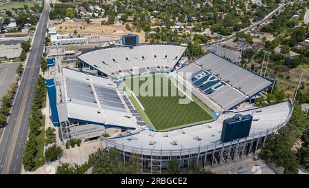 LaVell Edwards Stadium is an outdoor athletic stadium in Provo, Utah, on the campus of Brigham Young University (BYU) and is home field of the BYU Stock Photo