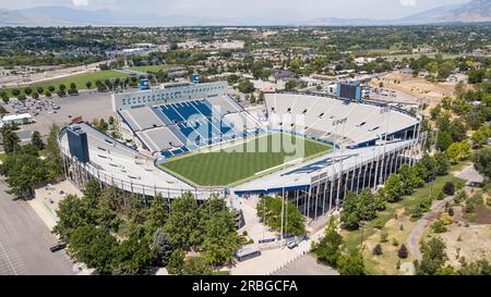 LaVell Edwards Stadium is an outdoor athletic stadium in Provo, Utah, on the campus of Brigham Young University (BYU) and is home field of the BYU Stock Photo