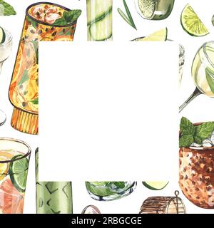 Watercolor frame, cocktail glasses: martini, gin,margarita,mojito,liquor,rum,moscow mule. Hand-drawn illustration isolated on white background Stock Photo