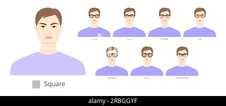 Set of types of glasses for Men square type faces fashion accessory illustration. Sunglass unisex silhouette style, flat rim spectacles eyeglasses, lens sketch style outline isolated on white Stock Vector