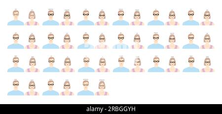 Set of Cat Eye glasses frames glasses on women and men flat character fashion accessory illustration. Sunglass front view silhouette style, rim spectacles eyeglasses with lens sketch style outline Stock Vector