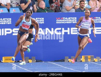 Manchester, UK. 08th July, 2023. 8/9 July 2023, Manchester Regional Arena, Manchester, UK. National UK Athletics Championships 2023. Caption: Daryll Neita runs off the bend in the Final of the women's 200 meters and wins with a new CR of 22.25. Picture: Mark Dunn/Alamy Live News (Sport) Credit: Mark Dunn Photography/Alamy Live News Stock Photo