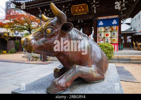 Fukuoka, Japan - Nov 20 2022: Goshingyu, or the sacred ox at Kushida shrine in Hakata old town. It is believed that rubbing its head makes a person sm Stock Photo