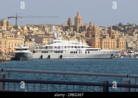 Talisman C, a $60 million 70.5 metre luxury private super yacht owned by the Pears brothers, moored in the Grand Harbour, Valletta, Malta, April 2023. Stock Photo