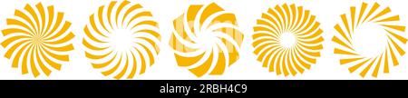 Golden curled sunburst circles collection. Stylized radial spinning elements. Yellow geometric round twisted rays, beams or stars pack. Vector concept symbols for banner, badge, sticker, poster Stock Vector