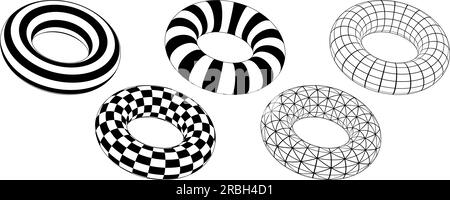 Set of torus with different patterns. Wireframe circle object with lines, dots, squares. 3d grid circular forms. Checkered, striped, wired tore element collection. Vector Illustration pack Stock Vector