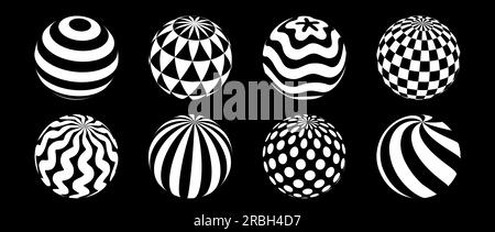 Collection of spheres with different patterns. Striped, checkered, waved and dotted 3d balls set. Black and white geometric elements for design templates, icons, logo. Abstract vector globes pack Stock Vector