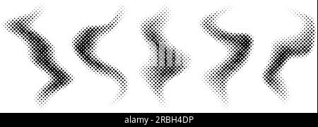 Halftone smoke texture collection. Black and white dotted fog background set. Comic style fume cloud design element pack. Monochrome pixelated grunge shapes. Vector bundle Stock Vector