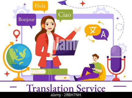 Translator Service Vector Illustration with Language Translation Various Countries and Multilanguage Using Dictionary in Hand Drawn Templates Stock Vector