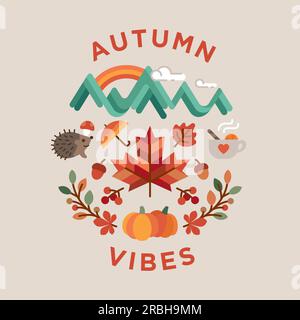 hello autumn poster round vintage flat design vector illustration. season icon nature leaves ornate celebrate september vibes Stock Vector