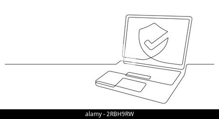 online security and data encryption-continuous line drawing of laptop with protected shield for secure internet and privacy information Stock Vector