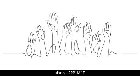 hands up, raised up volunteering,audiences and teamwork continuous line drawing vector illustration Stock Vector